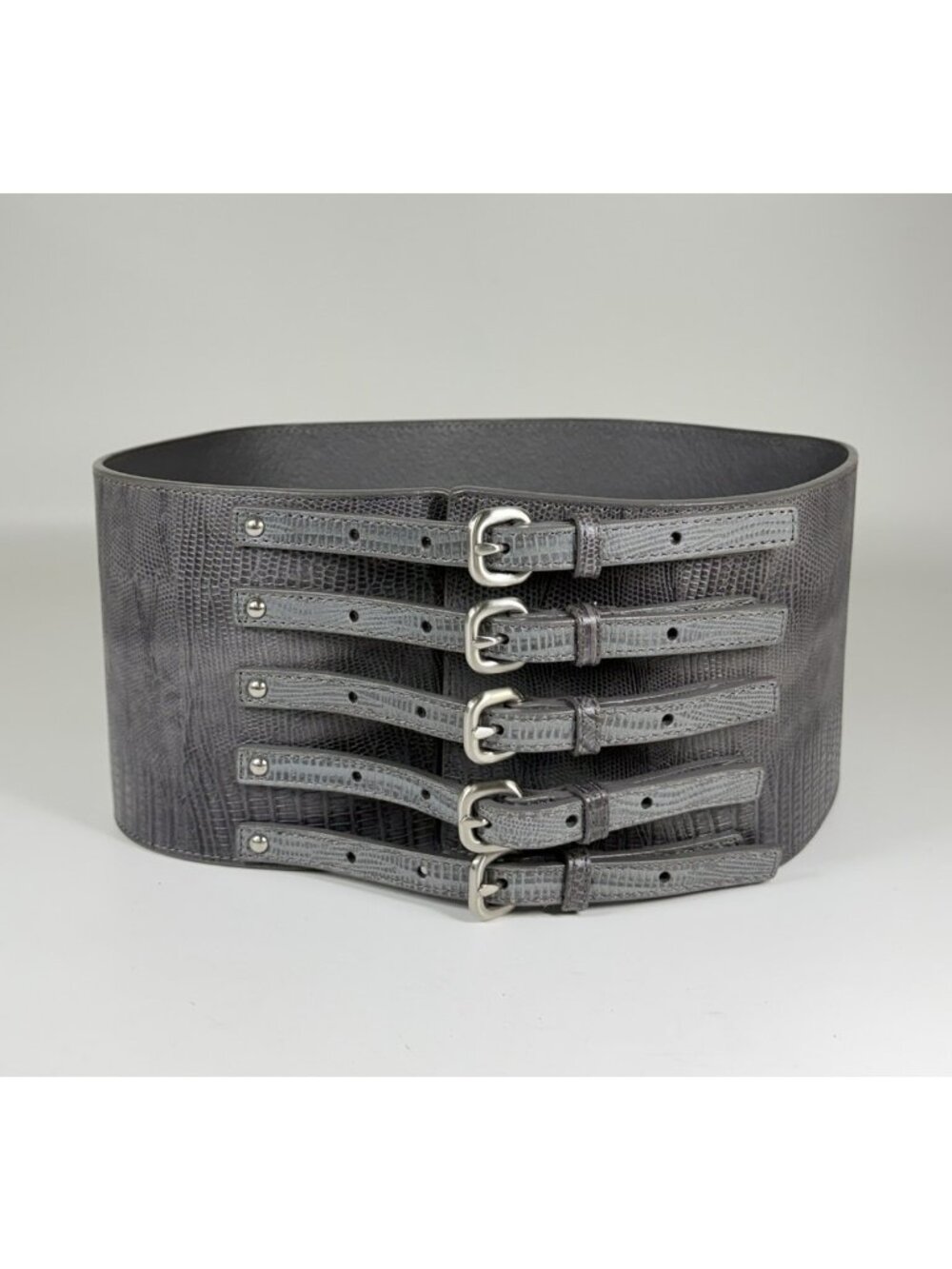 Club Monaco 4-3/4" Wide Grey Lizard Embossed Leather Corset Belt - Size S/M